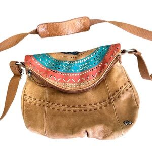 The Sak Tan and Blue Crossbody Bag with Bohemian Flair